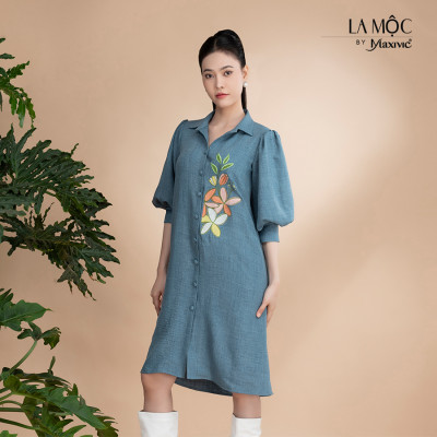 Đầm xô lụa sơmi xanh jeans thêu La Mộc LM022425