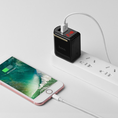 Cốc sạc nhanh 2 cổng Hoco C39 US - củ sạc cao cấp màn hình LCD hiển thị điệp áp - hàng chính hãng