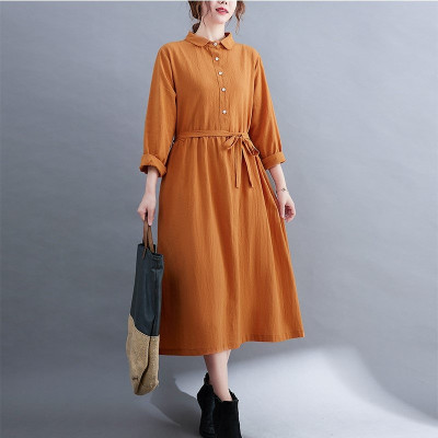 Đầm linen suông nữ  cổ sơ mi dài tay, tặng kèm dây thắt eo, thời trang nữ thu đông NH185