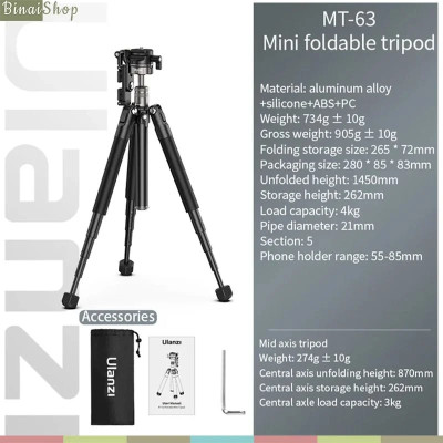 Ulanzi MT-63 - Tripod Mini 2 In 1 Di Động Dành Cho Máy Ảnh, Điện Thoại, Trọng Tải 4kg- Hàng chính hãng