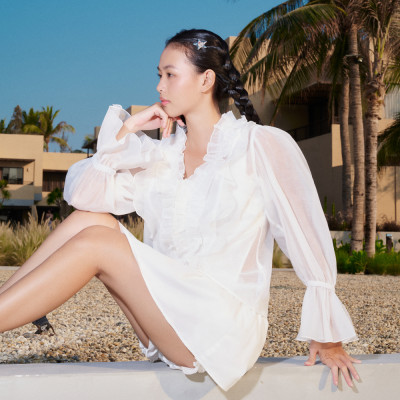 DOTTIE - Áo bèo voan tay dài - Trắng - T0894