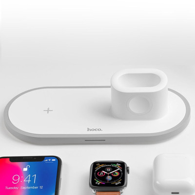 Đế sạc không dây  Hoco CW21 max 10W sạc nhanh Qi đa năng 3 in 1 dành cho IP  Apple Watch và tai nghe- hàng chính hãng