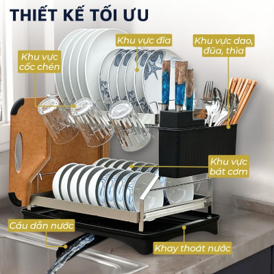 Kệ để chén bát đĩa, úp cốc inox DandiHome có khay hứng nước tặng kèm