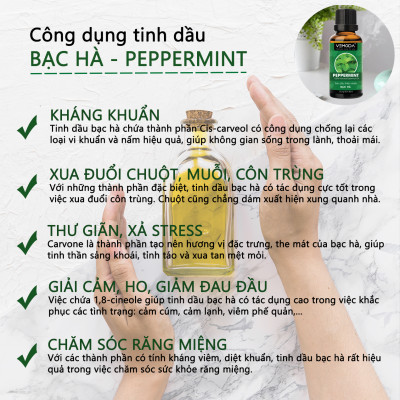 Tinh dầu Bạc hà cao cấp 50ML Peppermint. Tinh dầu xông phòng Vemoda giúp xông phòng, khử mùi, thanh lọc không khí, thư giãn, kháng khuẩn, giải cảm, xua đuổi côn trùng, chăm sóc răng miệng