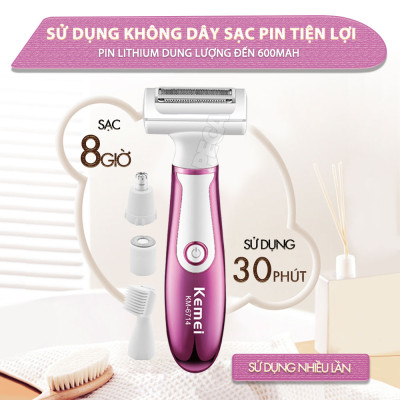Máy tẩy lông đa năng 4in1 Kemei KM-6714 gồm 4 đầu thay thế chuyên dụng cạo lông toàn thân, tỉa lông mũi - Chính hãng