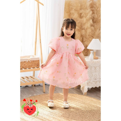 Đầm babydoll hoa cho bé gái tay phồng phong cách Hàn Quốc từ 12-35kg chất vải tơ mềm mát