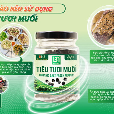 Tiêu tươi muối Organic Bầu Mây 35g - Cay cấp độ 2 với độ cay nhẹ nhàng, tươi giòn, cay mềm, tự nhiên, giúp kích thích vị giác, giúp ăn ngon miệng hơn, cải thiện chức năng của hệ tiêu hoá
