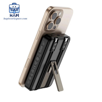 Sạc dự phòng hàng chính hãng WiWU Elite 5-in-1 Wi-P056: Tích hợp cáp C, L, sạc không dây từ tính kiêm giá đỡ