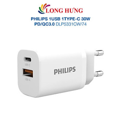 Cốc sạc Philips 1USB 1Type-C 30W PD/QC3.0 DLP5331CW/74 - Hàng chính hãng