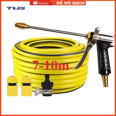 Bộ dây vòi xịt nước rửa xe, tưới cây . tăng áp 3 lần, loại 7m, 10m 206318 đầu đồng, cút,nối đen