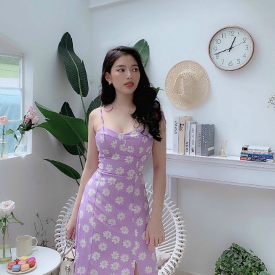 Đầm cúc họa mi 2 dây màu tím sang trọng trẻ trung