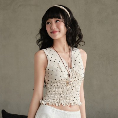 Áo chấm bị nữ ôm dáng cổ v không tay phong cách vintage Embi Miều Est.2013