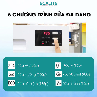 Máy Rửa Chén Ecalite EDW-SMS6080WH (Trắng) - 8 Bộ - 6 Chương Trình Rửa - Hàng Chính Hãng