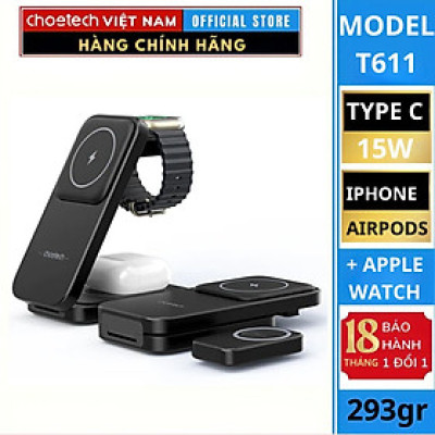 Đế sạc Choetech T611 nhanh Mag-safe 3 in 1 xếp gọn 15W (Hàng chính hãng)