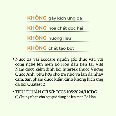 Nước Xả Vải Thuần Chay Hữu Cơ ECOCARE 100ml-2L, PH Cân Bằng, Thành Phần Tự Nhiên An Toàn Cho Trẻ Em