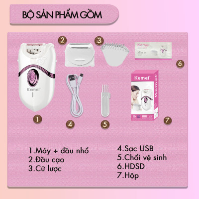Máy tẩy lông đa năng 2in1 Kemei KM-395 gồm 2 đầu thay thế chuyên dụng nhổ lông, cạo lông, sử dụng toàn thân - Chính hãng