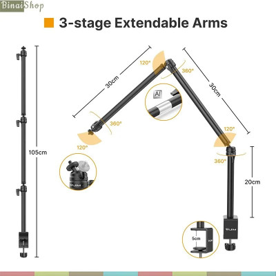 Vijim LS11 / LS02 / LS08 - Chân Đế Kẹp Bàn Kèm Tay Nối Dài Xoay 360 Độ Hỗ Trợ Cho Quay TikTok, Youtube, Review, Làm Đẹp - Hàng chính hãng