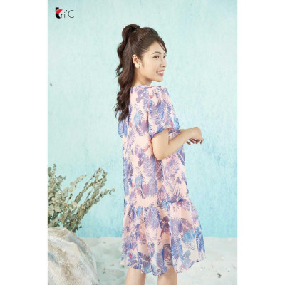 Đầm suông họa tiết Tropical, tay bồng, đính bông Tri