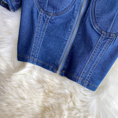 Áo denim dáng ngắn cổ vuông tay bồng - Hàng cao cấp