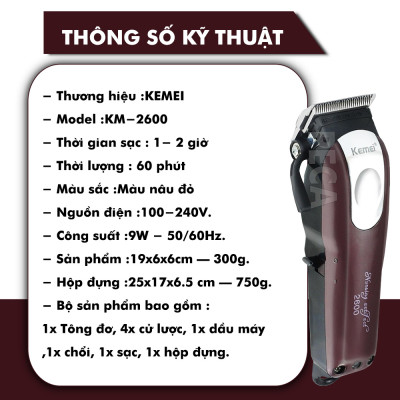 Tông đơ cắt tóc không dây Kemei KM-2600 chuyên nghiệp công suất mạnh mã 9W với pin Lithiumion siêu khủng có thể sử dụng cắm điện trực tiếp thích hợp sử dụng salon, tiệm tóc cắt tóc người lớn và trẻ em
