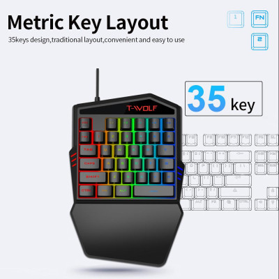 Bàn phím chơi game một tay có dây T-WOLF T17 35 Phím Đèn nền RGB đầy màu sắc thiết kế tiện dụng