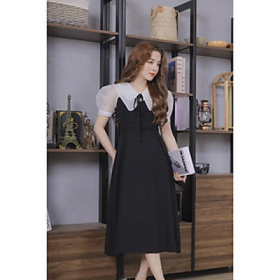 Váy Nữ Cổ Phối Tơ Voan Màu Đen 23V037 Pi Style
