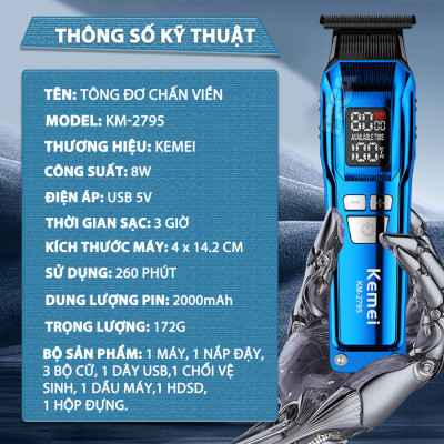 Tông đơ chấn viền Kemei KM-2795 lưỡi cắt mạ carbon DLC cao cấp công suất mạnh mẽ 8W sạc nhanh USB pin lâu - Chính hãng