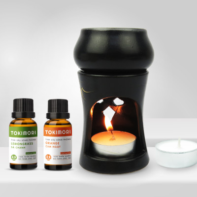 Bộ Đèn Xông Tinh Dầu TOKI MORI bằng nến kèm 2 chai tinh dầu 10ml Sả Chanh, Cam Ngọt, Nến Sáp, Khử Mùi, Làm Thơm, Trang Trí Nhà ở, Văn Phòng, Quà tặng