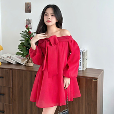 Đầm nữ dài tay kiểu dáng trễ vai chất tơ nến Blossom Miều Est.2013