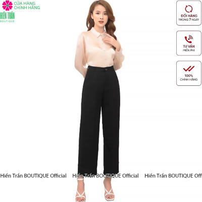 Quần ống rộng Hiền Trần BOUTIQUE lưng cạp cao baggy vải nữ dài suông loe culottes xuông màu đen