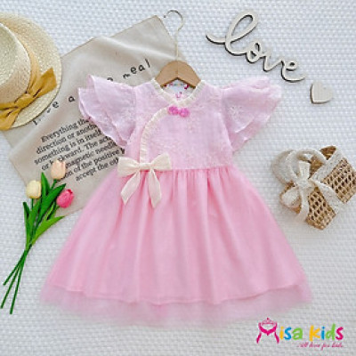 Đầm công chúa màu trắng hồng cho bé gái cổ sườn xám cách tân từ 12-35kg hàng thiết kế cao cấp