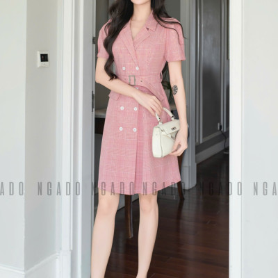Đầm caro hồng cổ vest NGADO , đầm caro , đầm kiểu , đầm công sở