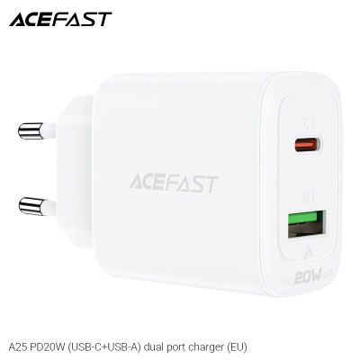 Sạc Acefast PD3.0 20W 2 cổng USB-C+USB-A (EU) - A25 Hàng chính hãng Acefast