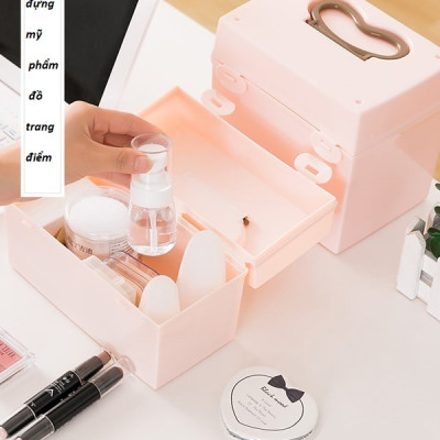 Hộp đựng mỹ phẩm, đồ trang điểm 2.1L thiết kế có quai xách và khóa gài nên rất chắc chắn, an toàn - nội địa Nhật Bản 