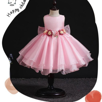 Đầm voan công chúa cho bé gái màu hồng trắng đính hoa nổi mặc tết noel dự tiệc cưới hàng Quảng Châu cao cấp