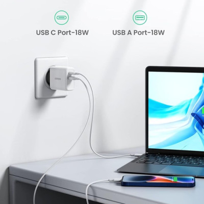 Củ Sạc nhanh 2 cổng USB A và USB Type-C 36W Ugreen 60468 màu trắng - Hàng chính hãng