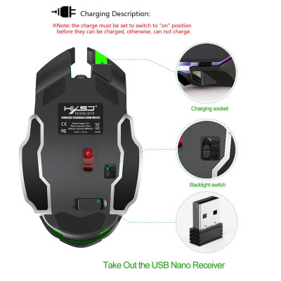 Chuột chơi game HXSJ M70 2.4G sạc không dây đầy màu sắc với DPI có thể điều chỉnh cho PC Notebook