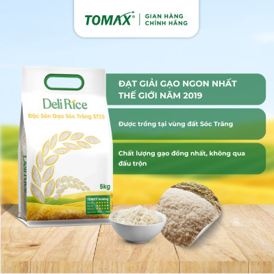 Gạo hữu cơ ST25 Deli Rice thượng hạng, dẻo thơm, ngon nhất thế giới - túi 5kg - TOMAX