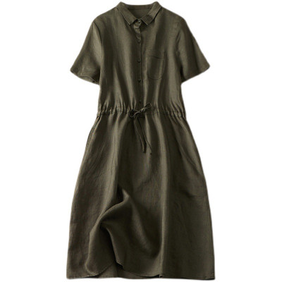 Đầm sơ mi ulzzang suông nữ, Đầm linen thời trang hè nữ kèm đai eo màu xanh rêu Haint Boutique HB75