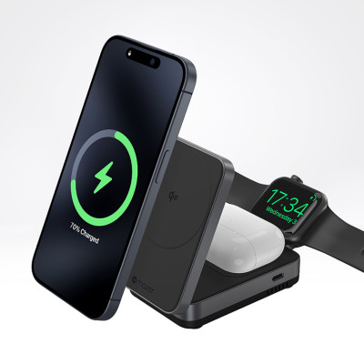 Đế Sạc Không Dây 3 in 1 Mazer MagFold Trio QI2 15W Sạc Được Cho Điện Thoại, Tai Nghe, Đồng Hồ Gấp Gọn Tiện Mang Theo Hàng Chính Hãng