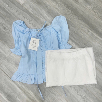 Set Áo Cổ Vuông Xanh Cúc Bọc Tay Bồng Phối Chân Váy Trắng