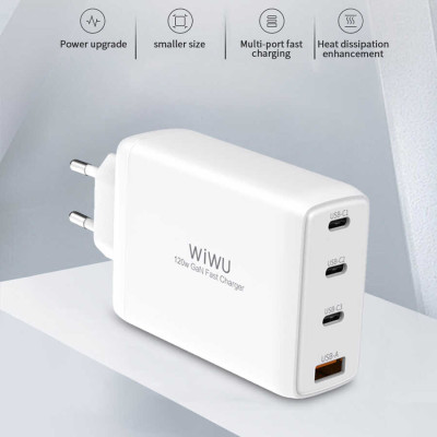 Adapter củ cóc sạc nhanh 120W đa năng 4 in 1 gồm 1 USB A và 3 PD Type-C hiệu WIWU Mini GaN Quick Charger chuẩn sạc nhanh PD 3.0 & QC 4.0 (công nghệ GAN + Silic, chip sạc thông minh, công nghệ tản nhiệt mới, chân cắm US-UK) - Hàng nhập khẩu