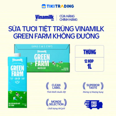 Thùng 12 Sữa tươi tiệt trùng Không đường Vinamilk Green Farm - hộp 1L