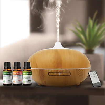 Combo 3 Chai Tinh Dầu TOKI MORI Sả Chanh + Cam Ngọt + Bạc Hà kèm Máy Xông Tinh Dầu/Máy Khuếch Tán Hình Quả Bí Vân Gỗ Đèn Led Có Remote Điều Khiển Từ Xa