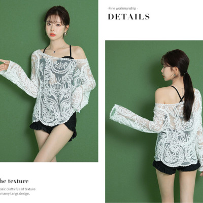 Áo ren lưới đi biển mặc khoác ngoài bikini dài tay dáng chui đầu chống nắng