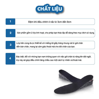 Lót giày tăng chiều cao tăng 5cm chất liệu Đệm Khí êm chân, thoáng khí Nguyên Bàn - Đen