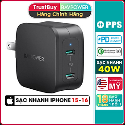 Adapter Củ Sạc 40W 2 Cổng Type C PD 3.0 & QC 3.0 Nhỏ Gọn RAVPower RP-PC152 - Hàng Chính Hãng