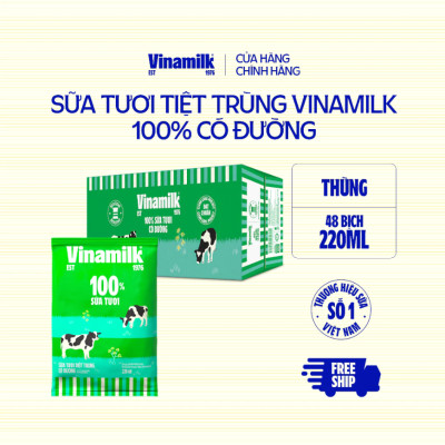 Thùng 48 Bịch Sữa Tươi Tiệt Trùng Vinamilk 100% Có Đường (220ml)