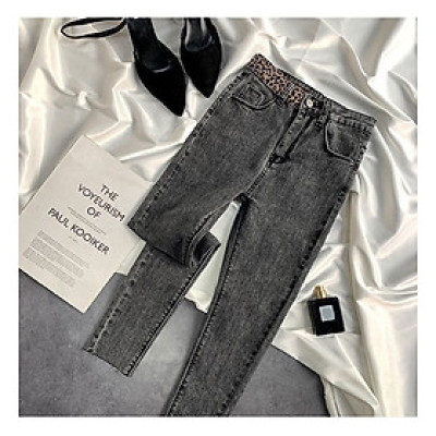 Quần jeans nữ lưng cao ôm cách điệu phân nịt họa tiết da beo cá tính