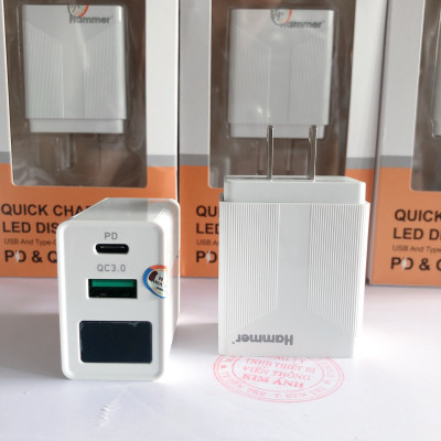 Củ sạc nhanh Ham mer H09 công suất 18W, PD & Quick Charge 3.0A, có LCD hiển thị dòng điện, Hàng chính hãng bảo hành 12 tháng